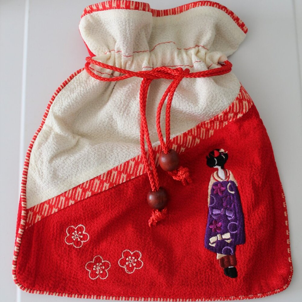 Japanese Traditional Drawstring Bag with Geisha Embroidery